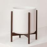 Desert Cactus - White Mid-Century Ceramic & Dark Wood Stand