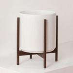 Kentia Palm - White Mid-Century Ceramic & Dark Wood Stand