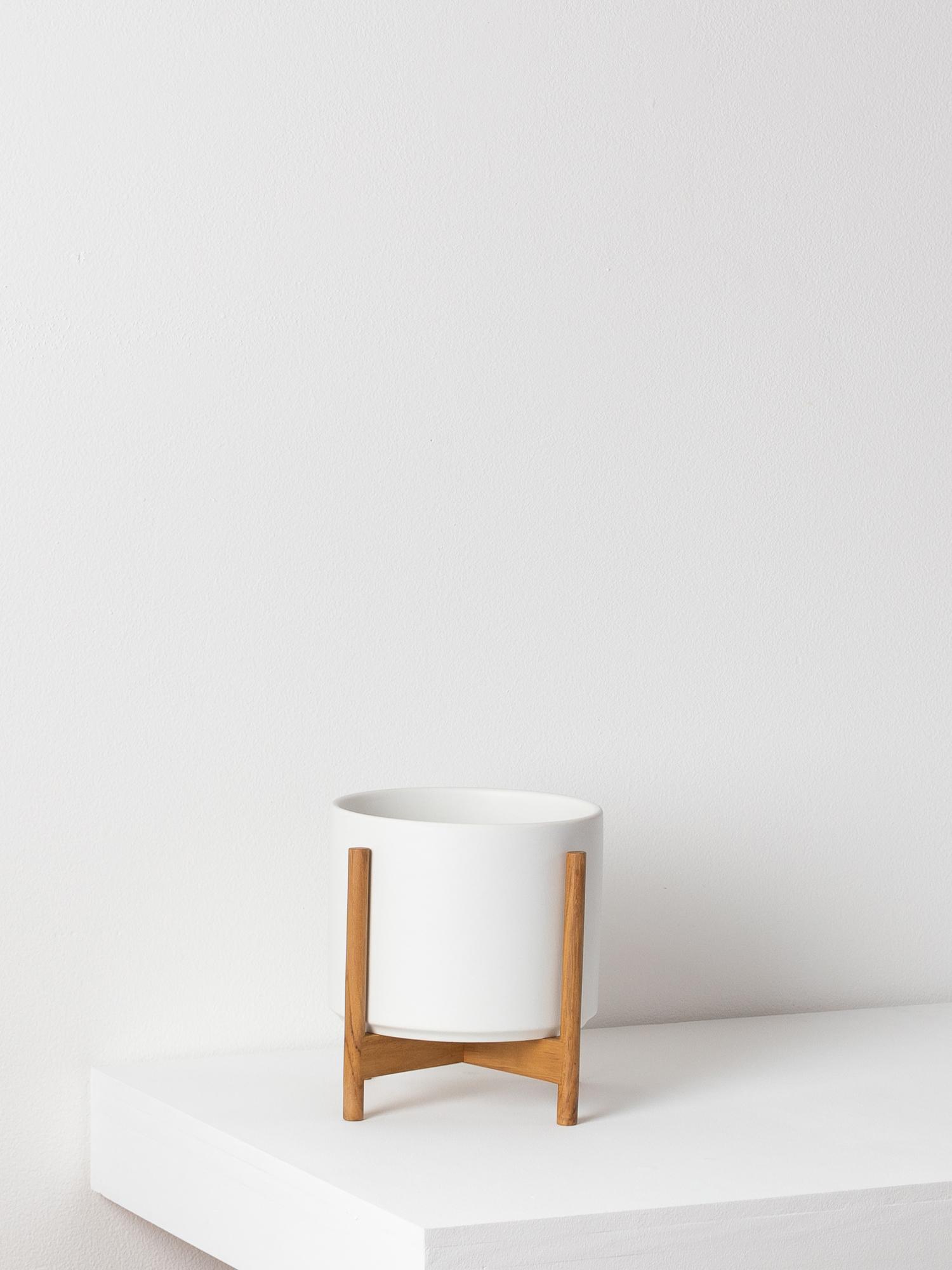 Ceramic Planter - The Eight - White Mid-Century Ceramic & Light Wood Stand 