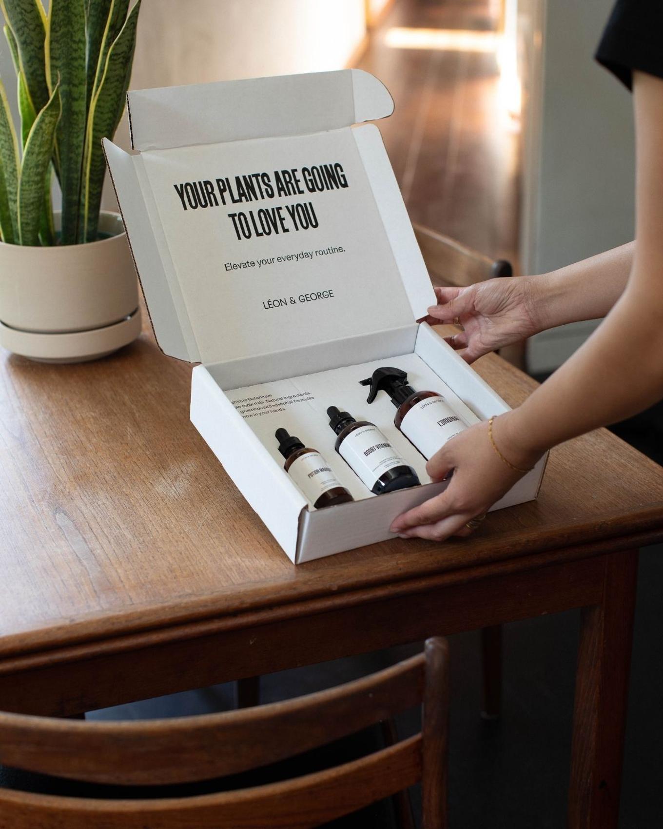 A boxed gift set of plant care essentials