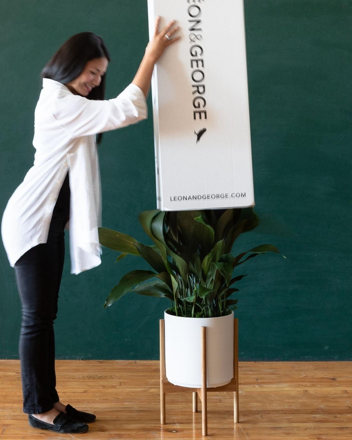 A girl happily unboxing a new plant