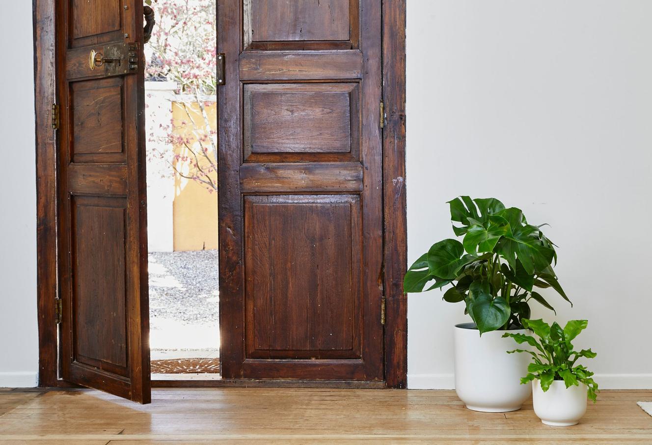 Cottage chic entryway with bell shaped planters and lush plants