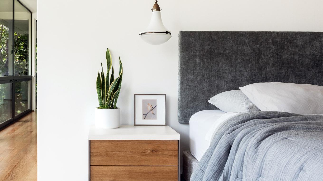 Bedroom nightstand with an air-purifying snake plant in a white pot beside a bed with a gray headboard and bedding, with natural light coming from windows on the left.