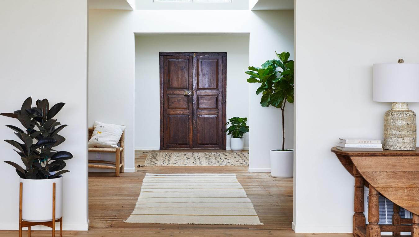 Vast entryway with layered plants including a Rubber Tree and Fiddle Leaf Fig Tree