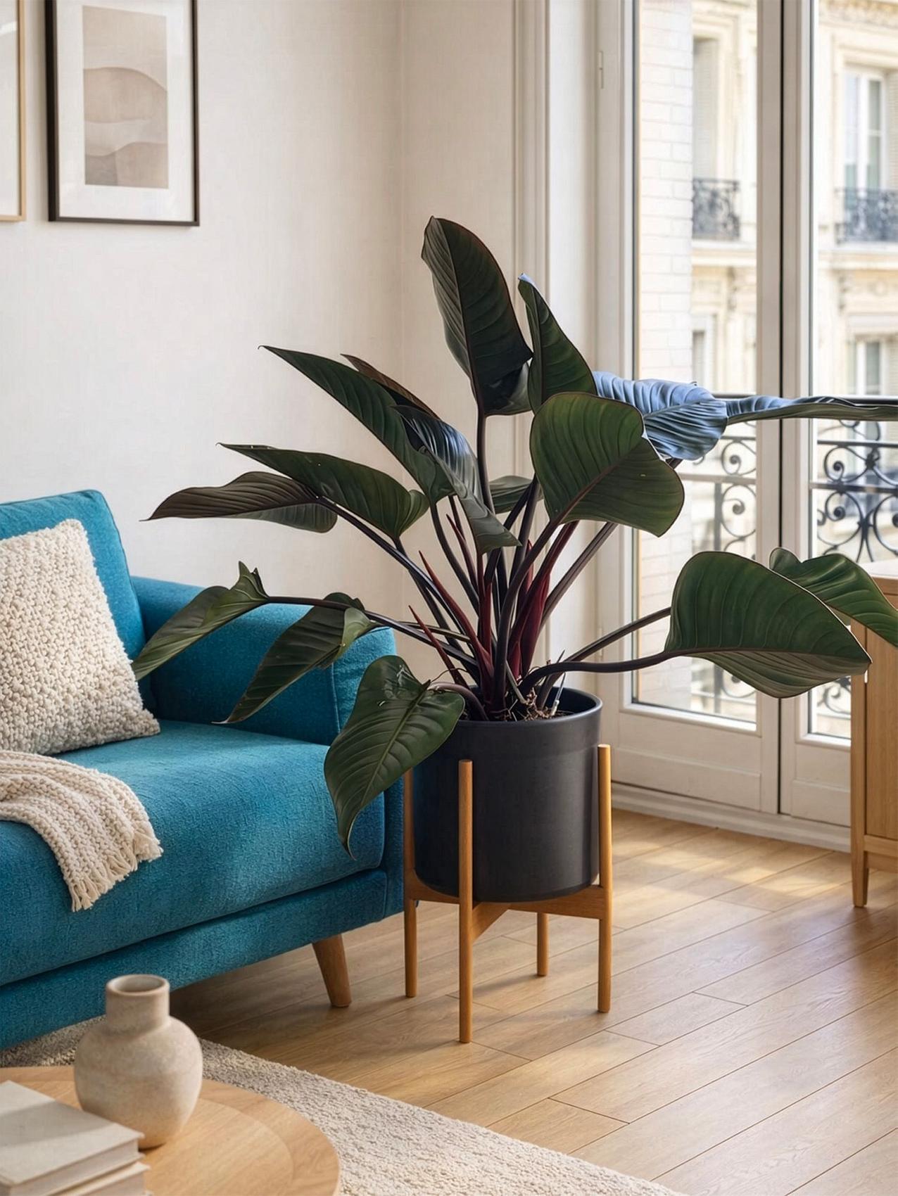 Beste Zimmerpflanze für den Widder - Philodendron Red Beauty in einem modernen Interieur