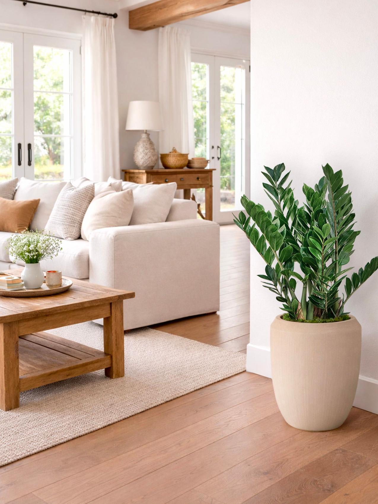 Beste Zimmerpflanze für den Wassermann - Zamioculcas in einem modernen Wohnzimmer
